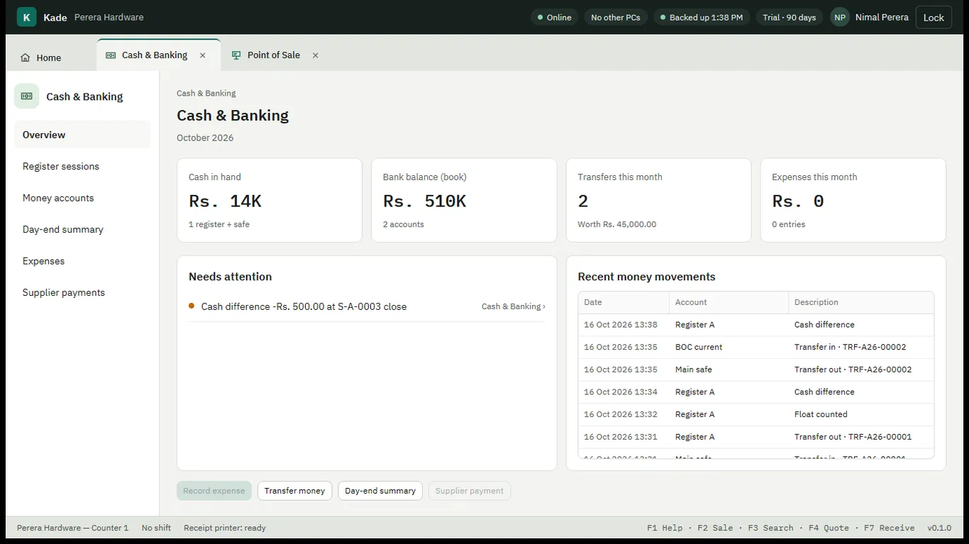 Cash and banking overview with cash in hand, bank balance and recent money movements