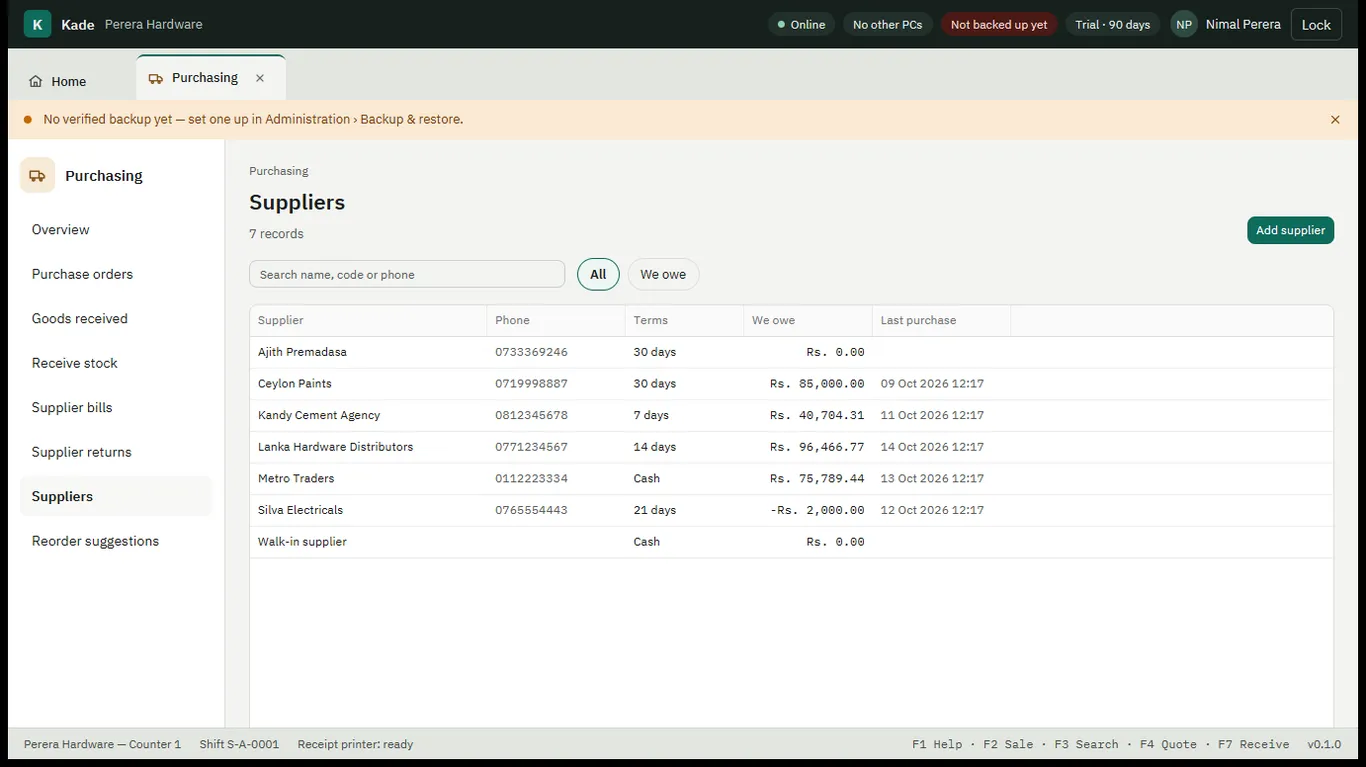 Suppliers list with phone numbers, payment terms and the amount owed to each