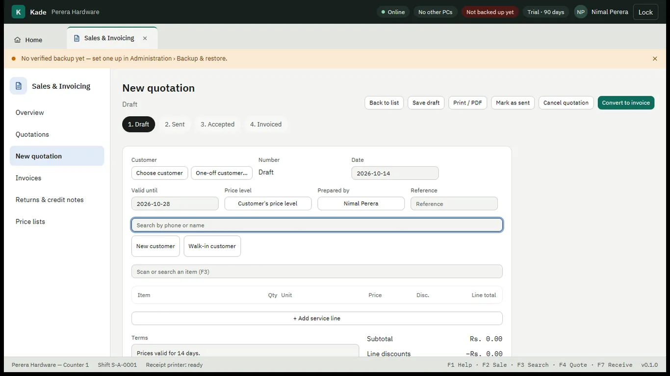 New quotation form with customer, validity date, price level and a draft to sent to accepted to invoiced progress bar